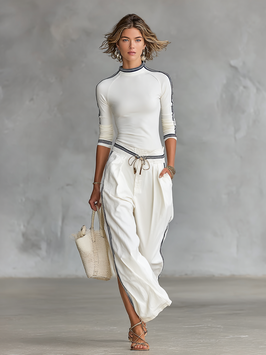 Women's Two Piece Pants Set | Half-High Neck Long Sleeves Wide Leg