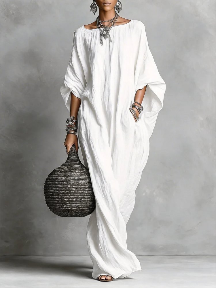 Women's Long Dress | Relaxed Silhouette Batwing Sleeve Linen