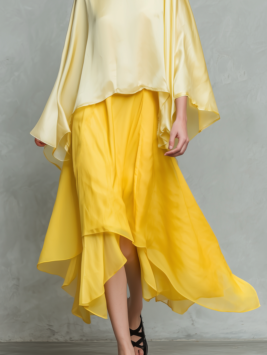 Women's Maxi Skirt | Long Sleeves Round Neckline Satin Chiffon