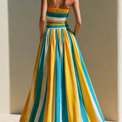 Women's Strapless Maxi Dress | Midi Length Striped Smocked Bodice
