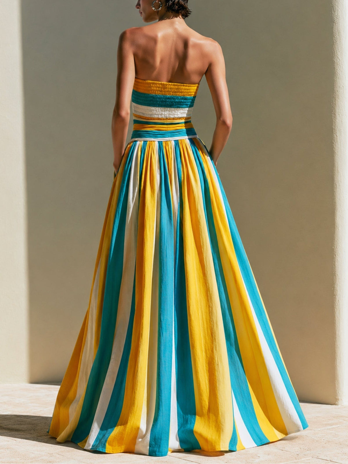 Women's Strapless Maxi Dress | Midi Length Striped Smocked Bodice