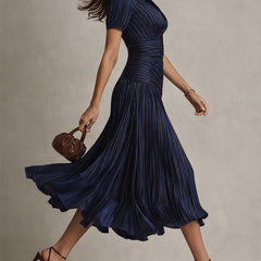 Women's Silk Dress | Midi Length V-Neck Short Sleeve Pleated