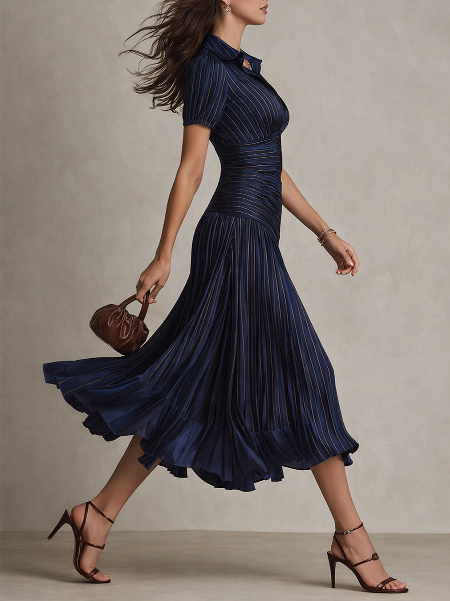 Women's Silk Dress | Midi Length V-Neck Short Sleeve Pleated