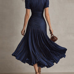 Women's Silk Dress | Midi Length V-Neck Puffed Sleeve Pleated