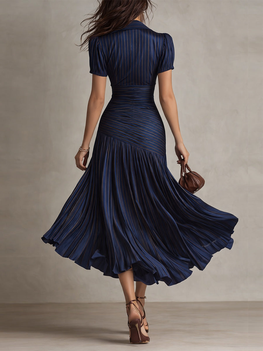 Women's Silk Dress | Midi Length V-Neck Puffed Sleeve Pleated