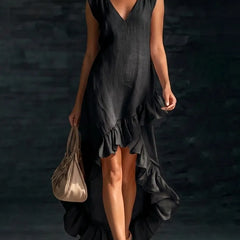Women's Cotton Maxi Dress | V-Neck Sleeveless Ruffled Hem