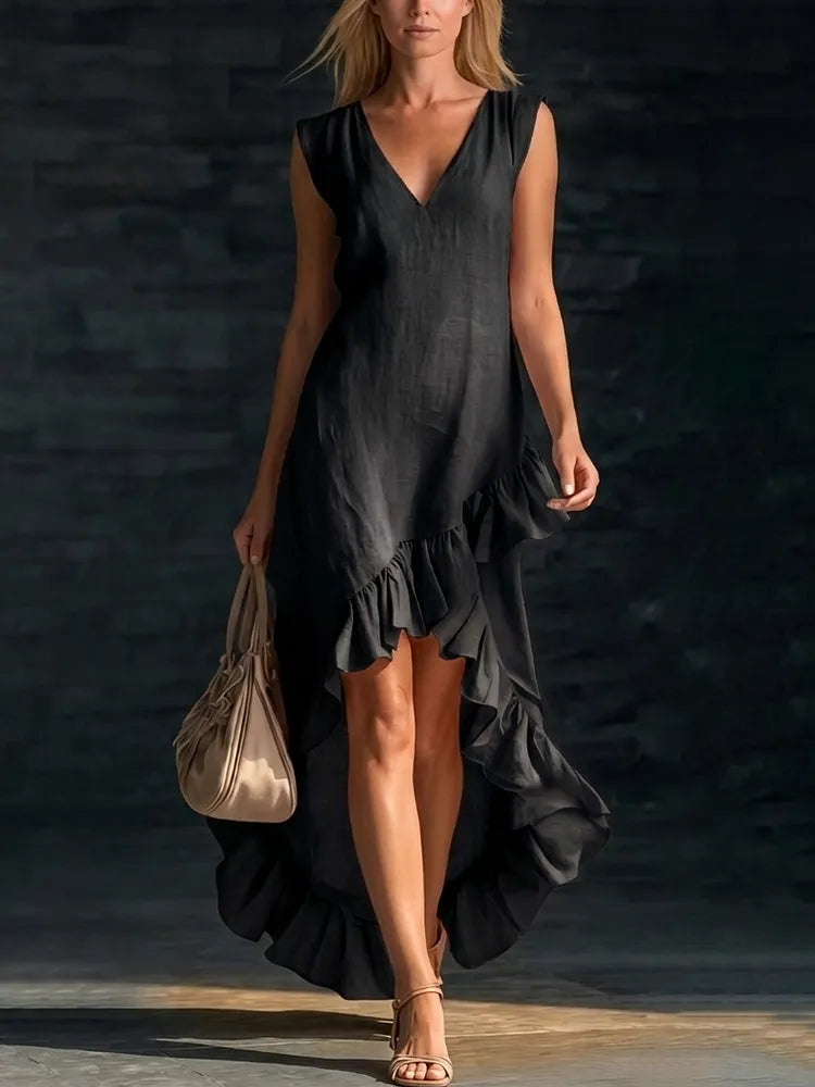 Women's Cotton Maxi Dress | V-Neck Sleeveless Ruffled Hem