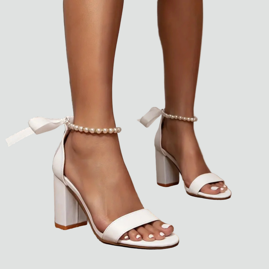 Women's White Shoe | Open Toe Block Heel Pearl Strap