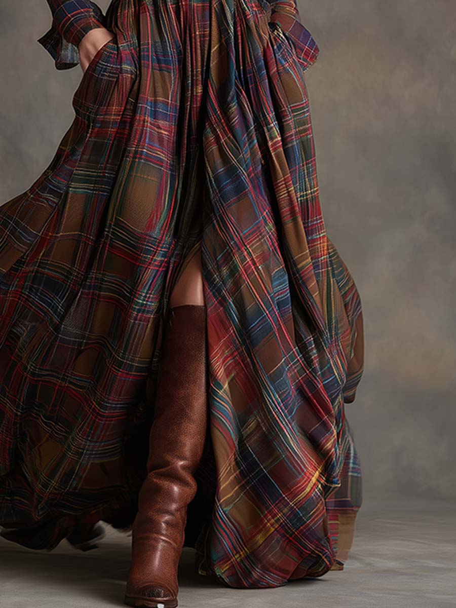 Women's Plaid Dress | Collared Long Sleeve Belted