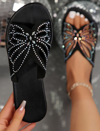 Women's Black Sandals | Butterfly Cutout Rhinestone Detail Slide Flat