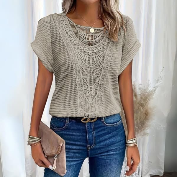 Women's Going Out Top | Lace Detail Short Sleeve Crew Knit