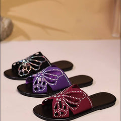 Women's Black Sandals | Butterfly Cutout Rhinestone Detail Slide Flat
