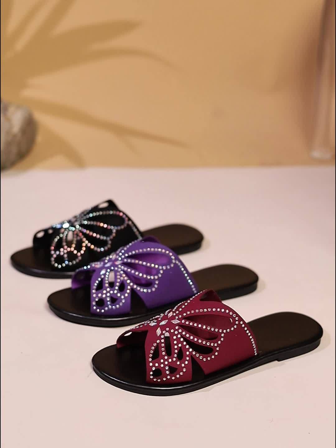 Women's Black Sandals | Butterfly Cutout Rhinestone Detail Slide Flat