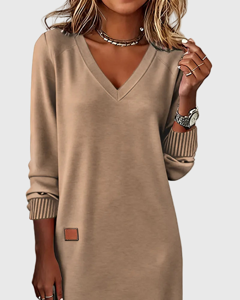 Women's Red Dress | V-Neck Long Sleeve Midi Knit