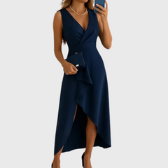 Women's Wedding Guest Dress | Midi Asymmetric Wrap V-Neck Sleeveless