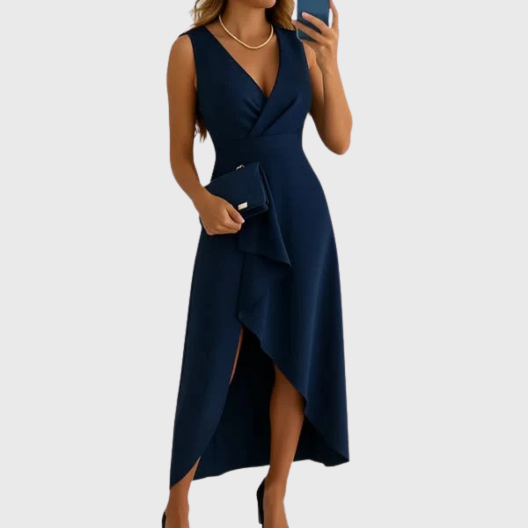 Women's Wedding Guest Dress | Midi Asymmetric Wrap V-Neck Sleeveless