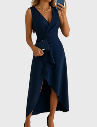 Women's Wedding Guest Cocktail Dress | Midi Asymmetric Wrap V-Neck Sleeveless