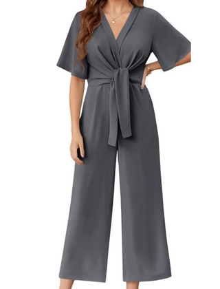 Women's Playsuit | V-Neck Wide-Leg Tie-Waist Short Sleeve
