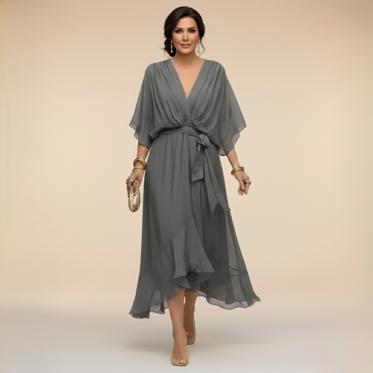 Women's Cocktail Dress | Midi V-Neck Chiffon Wrap