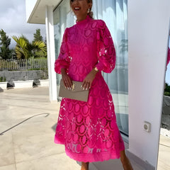 Women's Long Sleeve Wedding Guest Dress | Midi Lace High Neck Puff Sleeve