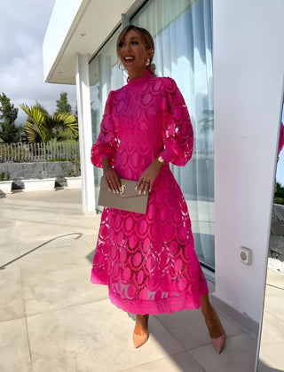Women's Long Sleeve Wedding Guest Dress | Midi Lace High Neck Puff Sleeve