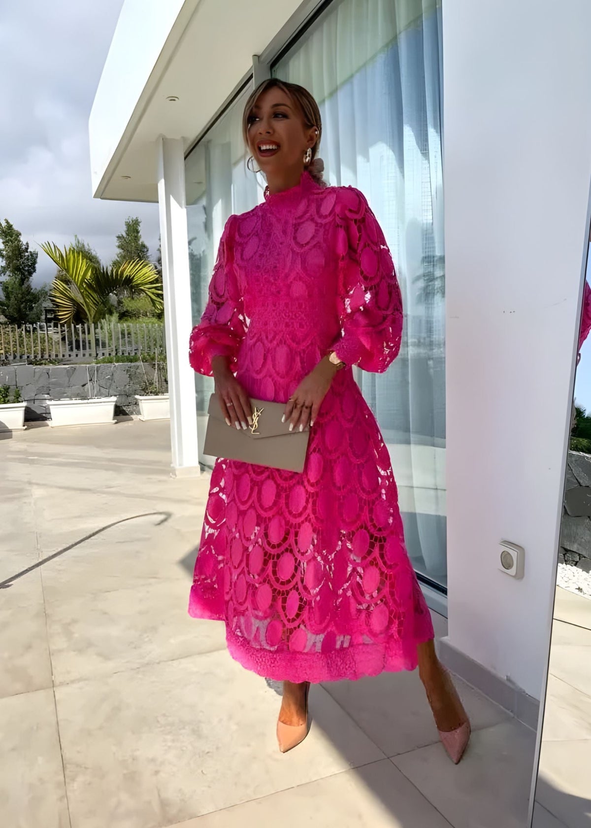 Women's Long Sleeve Wedding Guest Dress | Midi Lace High Neck Puff Sleeve