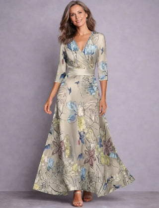 Women's Bridesmaid Dress | Maxi Floral Wrap Three-Quarter Sleeve
