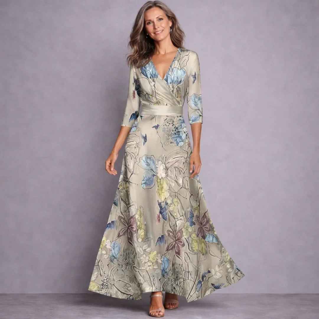 Women's Bridesmaid Dress | Maxi Floral Wrap Three-Quarter Sleeve