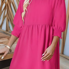 Women's Babydoll Dress | Midi Crew Neckline Smocked Cuff