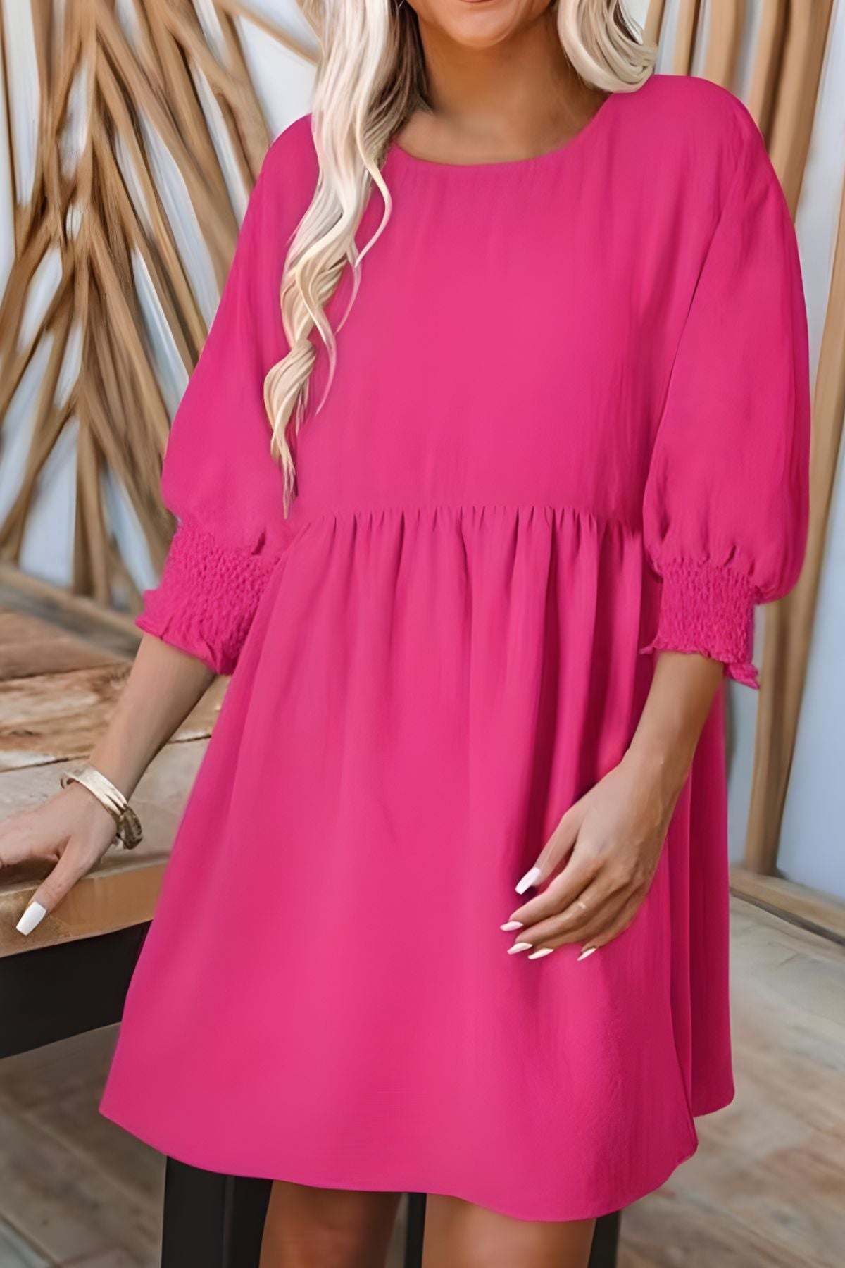 Women's Babydoll Dress | Midi Crew Neckline Smocked Cuff