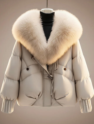 Women's Quilted Coat | Oversized Fur Collar Zip Front Padded