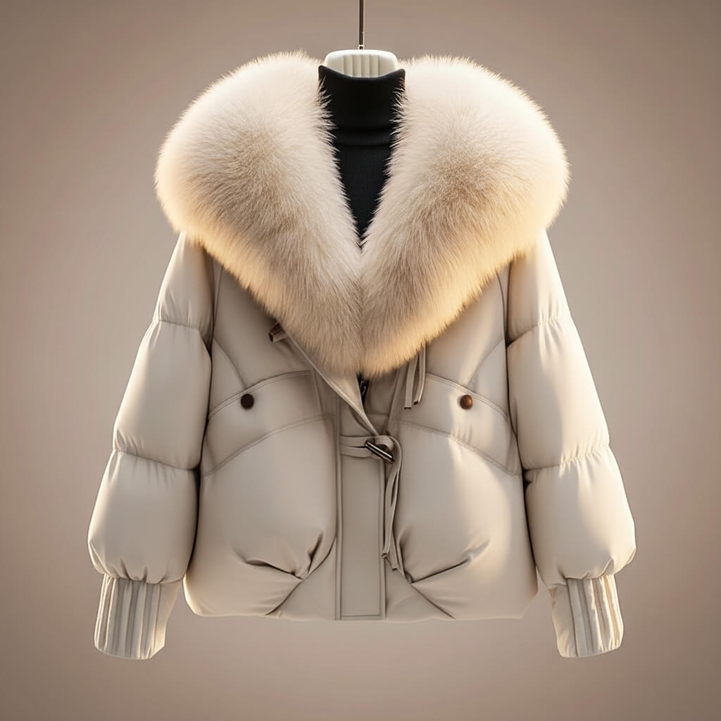 Women's Quilted Coat | Oversized Fur Collar Zip Front Padded