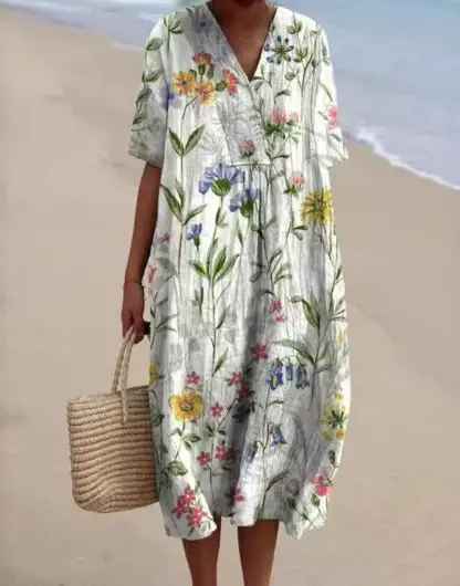 Women's Flowy Dress | V-Neck Short Sleeve Floral Midi