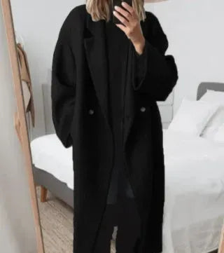 Women's Long Coat | Double-Breasted Notched Lapel Wool Relaxed Fit