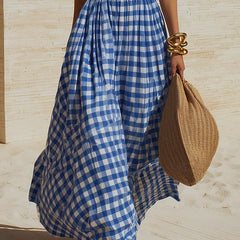 Women's Cotton Maxi Dress | Halter V-Neck Sleeveless Plaid