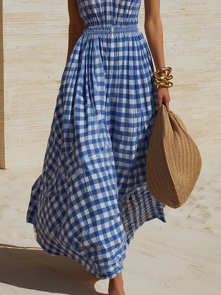Women's Cotton Maxi Dress | Halter V-Neck Sleeveless Plaid