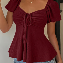 Women's Peplum Top | Sweetheart Neckline Flutter Sleeve Tie Closure