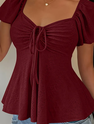 Women's Peplum Top | Sweetheart Neckline Flutter Sleeve Tie Closure