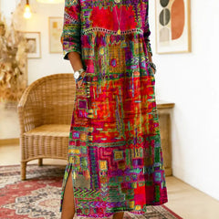 Women's Denim Dress | Midi Length Round Neckline Patchwork Print