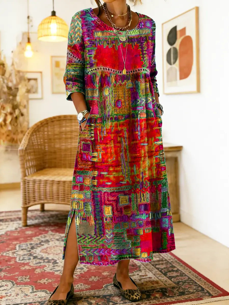 Women's Denim Dress | Midi Length Round Neckline Patchwork Print
