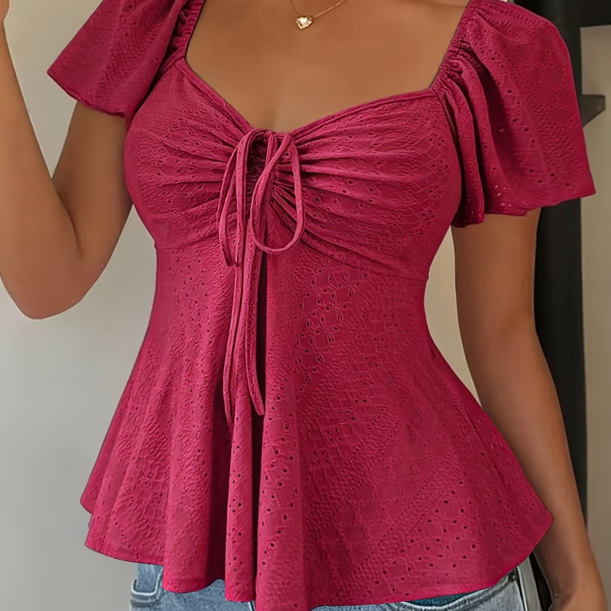 Women's Peplum Top | Sweetheart Neckline Flutter Sleeve Tie Closure