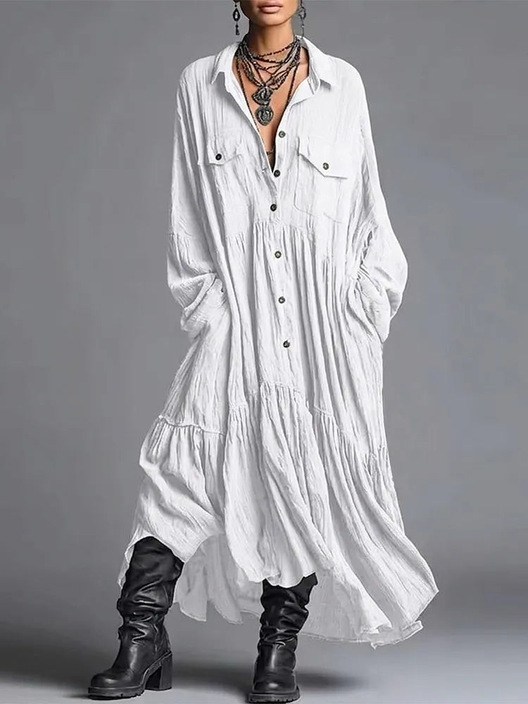 Women's Long Dress | V-Collar Button Front Tiered Linen