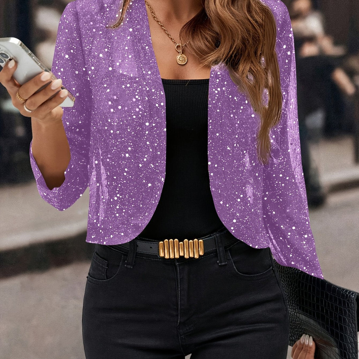 Women's Winter Jacket | Cropped Sequin Open Front Three Quarter Sleeve