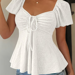 Women's Peplum Top | Sweetheart Neckline Flutter Sleeve Tie Closure