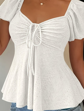Women's Peplum Top | Sweetheart Neckline Flutter Sleeve Tie Closure