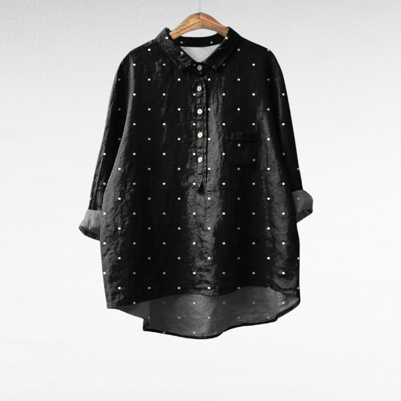 Women's Polka Dot Top | Collar Button Closure Long Sleeve