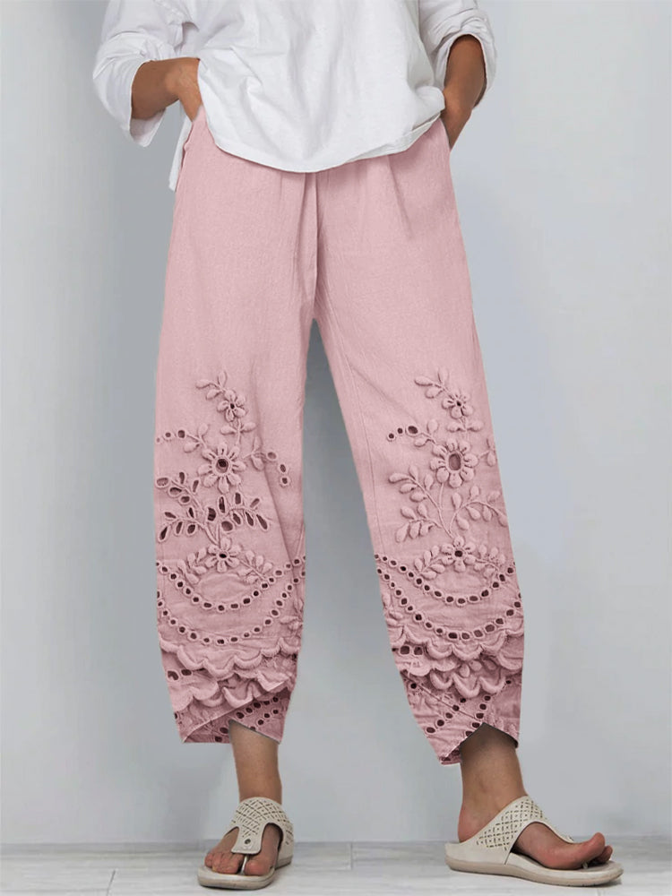 Women's Lace Pants | Floral Embroidered Cropped Relaxed Fit