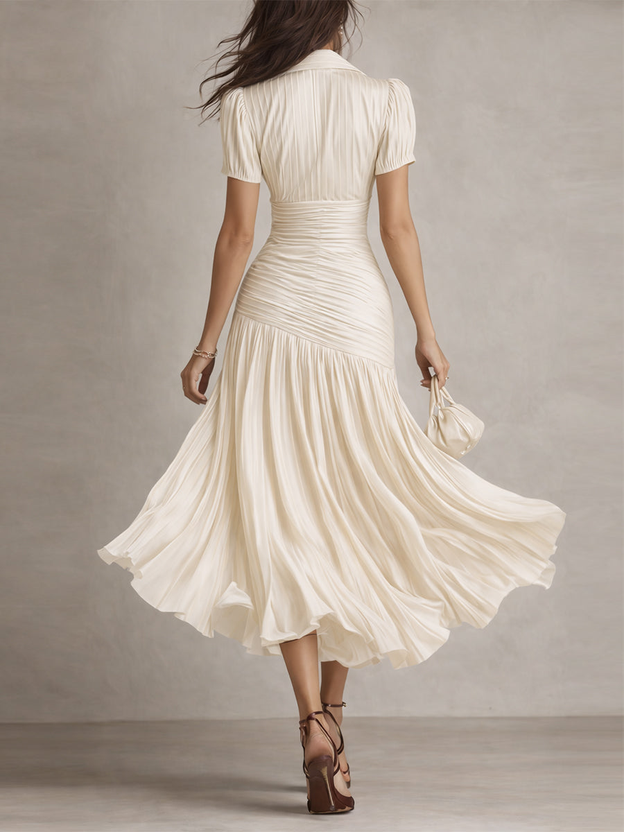 Women's Silk Dress | Midi Length V-Neck Short Sleeve Pleated