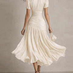 Women's Silk Dress | Midi Length V-Neck Puffed Sleeve Pleated
