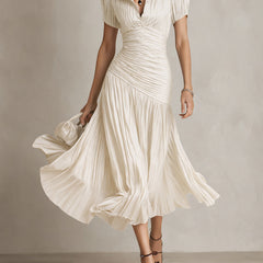 Women's Silk Dress | Midi Length V-Neck Short Sleeve Pleated